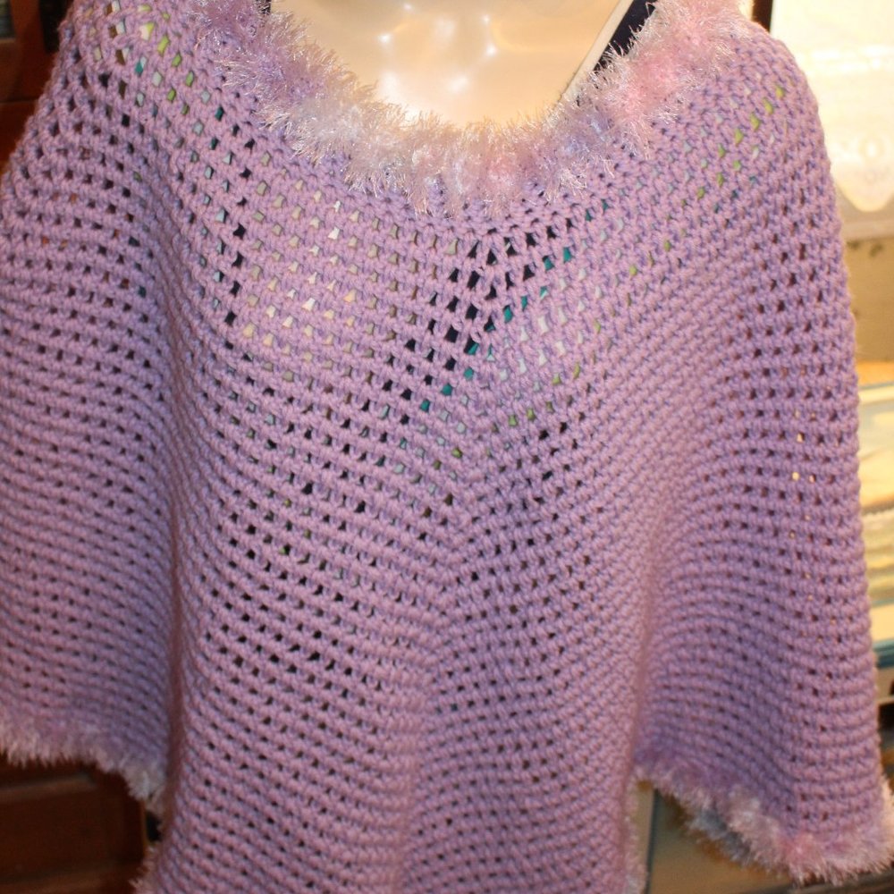 Hand Made Poncho Lavender W/Pastel Fringe Trim Crochet Beautiful OS